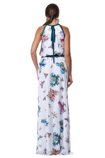 Long white chiffon dress with butterfly print WDR-0005